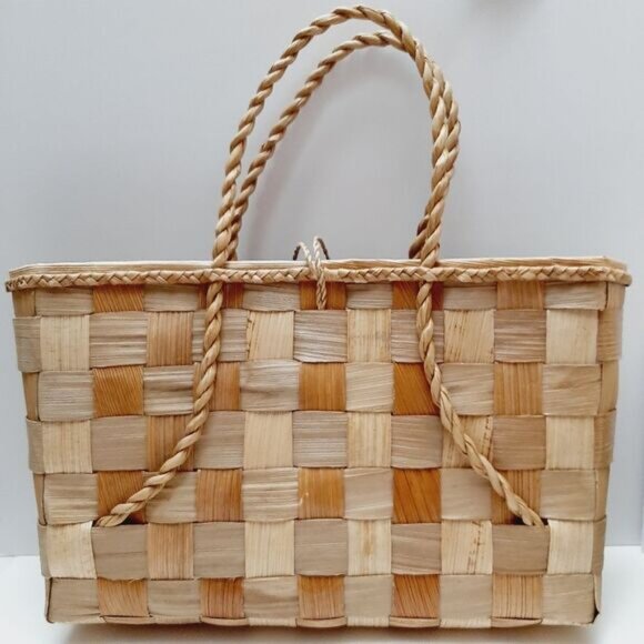 Vintage Hand Made Wide Woven Leaf Large Beach Tote Summer Bag Rope Handle Beige - Picture 7 of 15